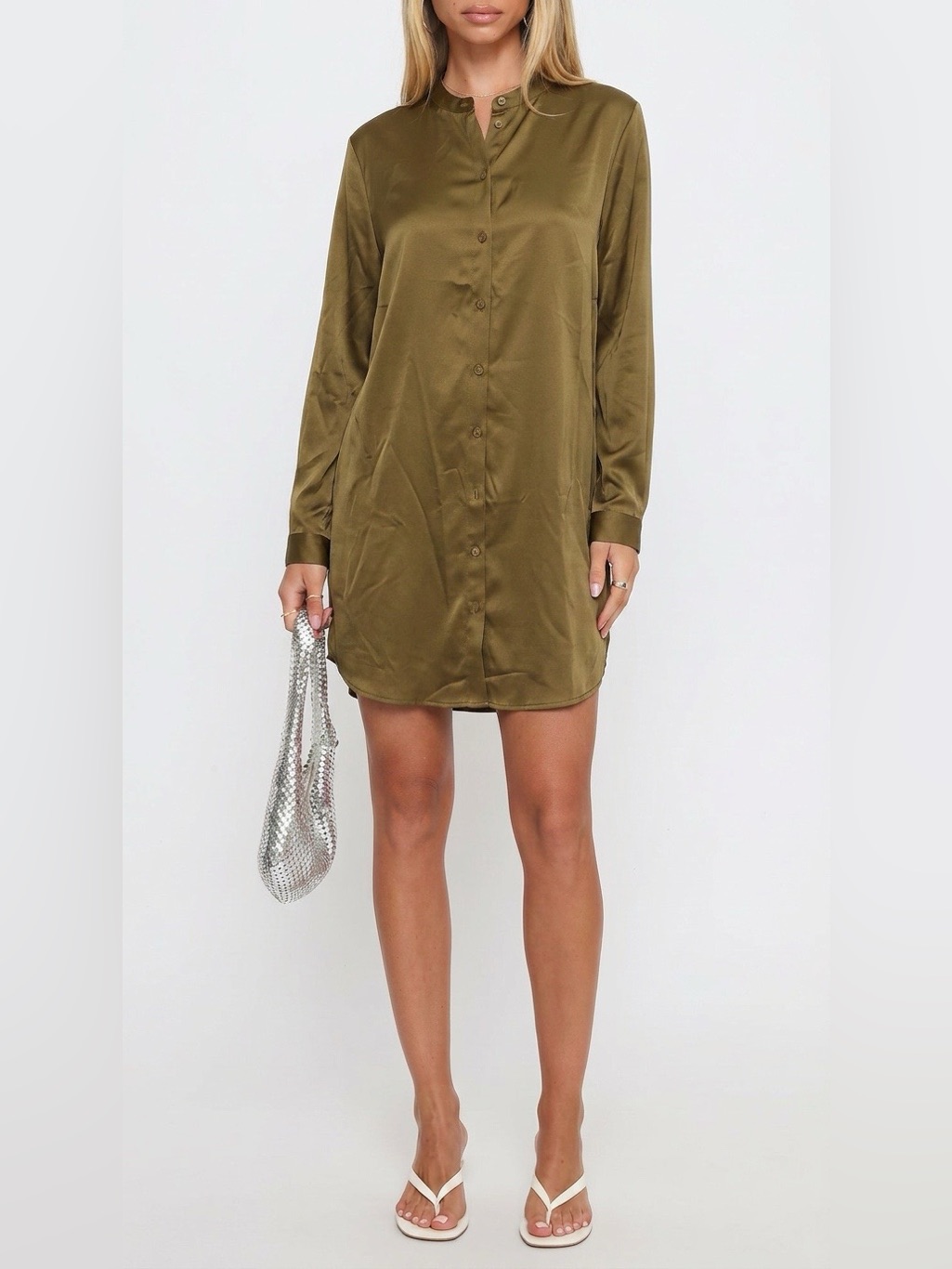 Vintage Eileen Fisher Olive Button-Front Long Sleeve Shirt Dress